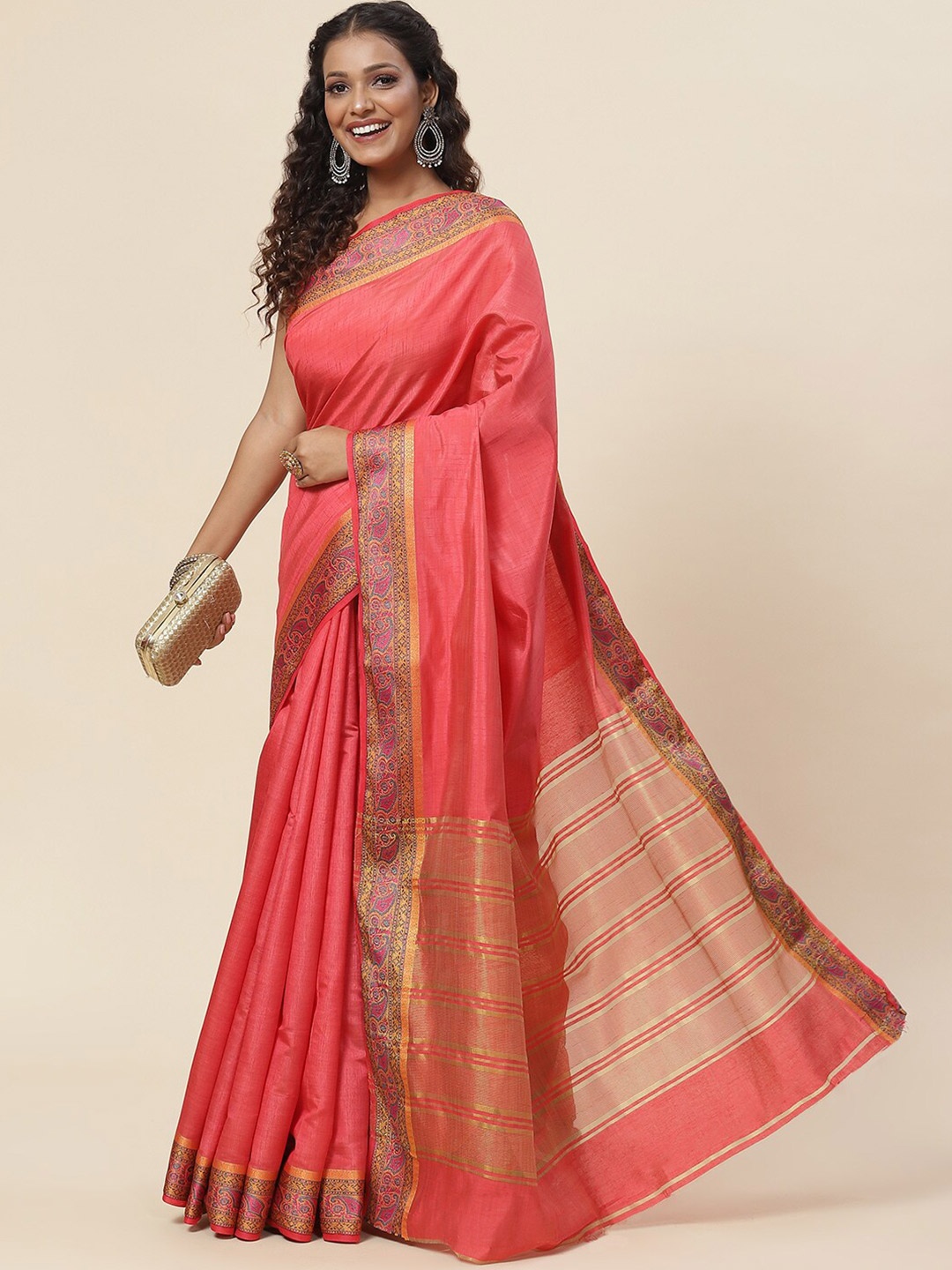 

Meena Bazaar Zari Saree, Coral