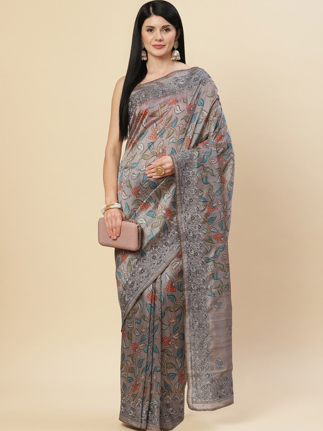 

Meena Bazaar Floral Embroidered Saree, Grey