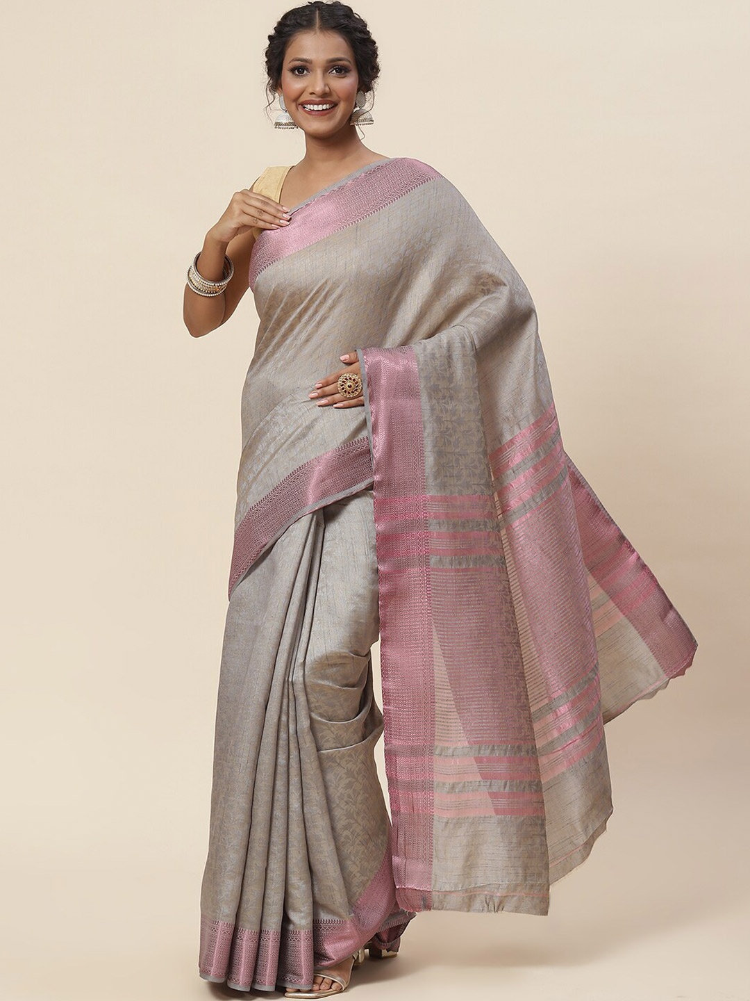 

Meena Bazaar Woven Design Zari Saree, Grey