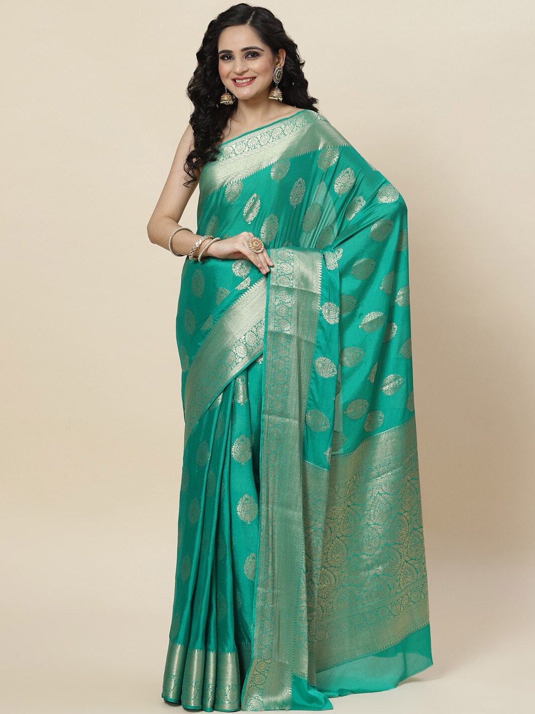 

Meena Bazaar Woven Design Zari Saree, Sea green