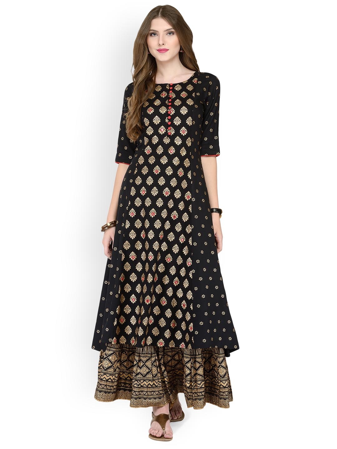 

Varanga Women Black Foil Print Kurta with Skirt