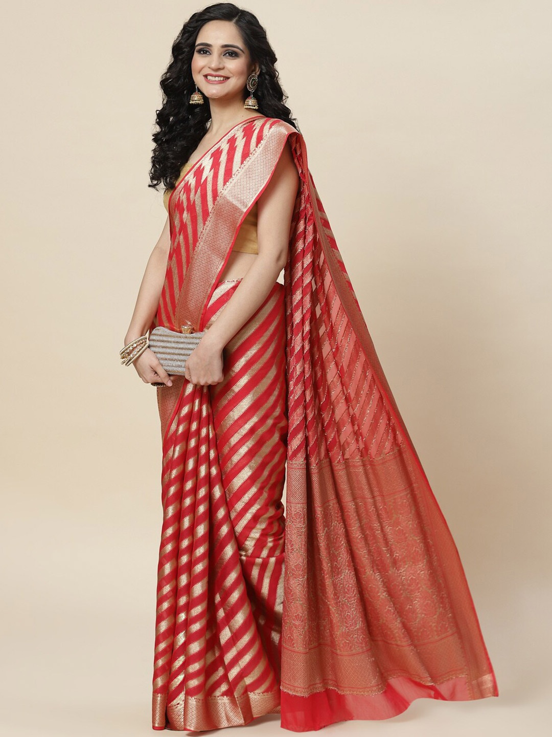 

Meena Bazaar Woven Design Zari Saree, Coral