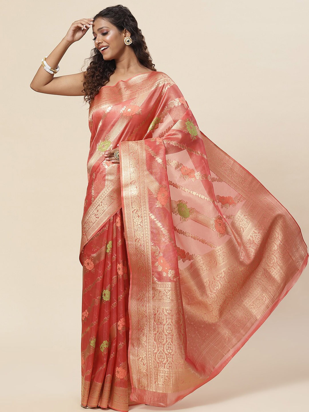 

Meena Bazaar Ethnic Motifs Zari Art Silk Saree, Peach