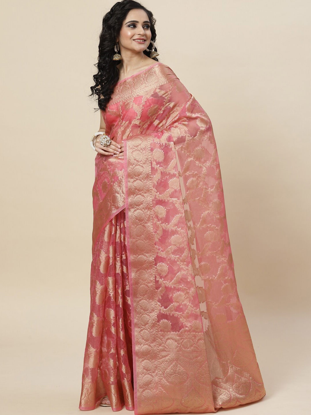 

Meena Bazaar Floral Zari Organza Saree, Pink