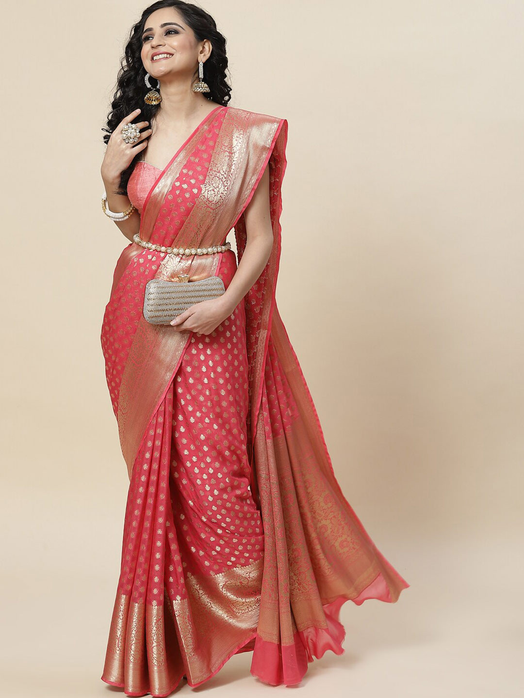 

Meena Bazaar Ethnic Motifs Zari Saree, Pink