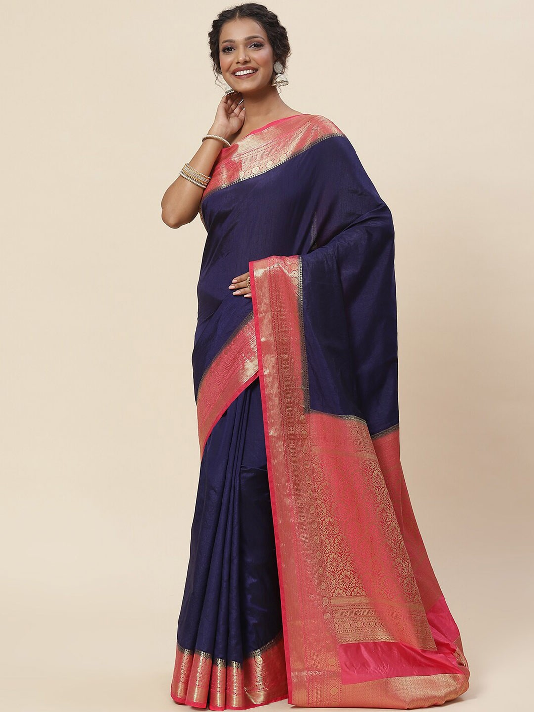 

Meena Bazaar Zari Art Silk Saree, Navy blue