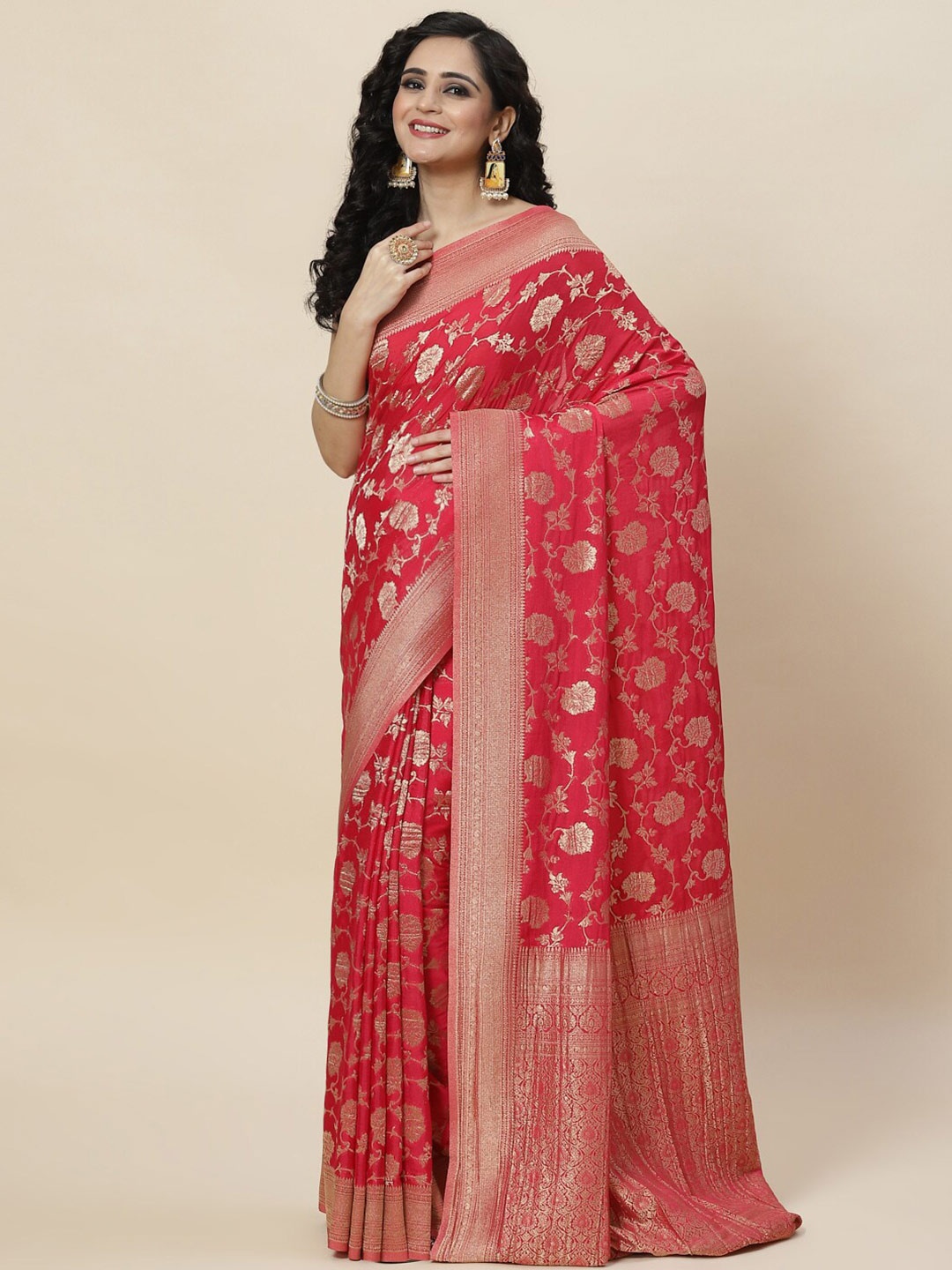 

Meena Bazaar Floral Zari Saree, Magenta