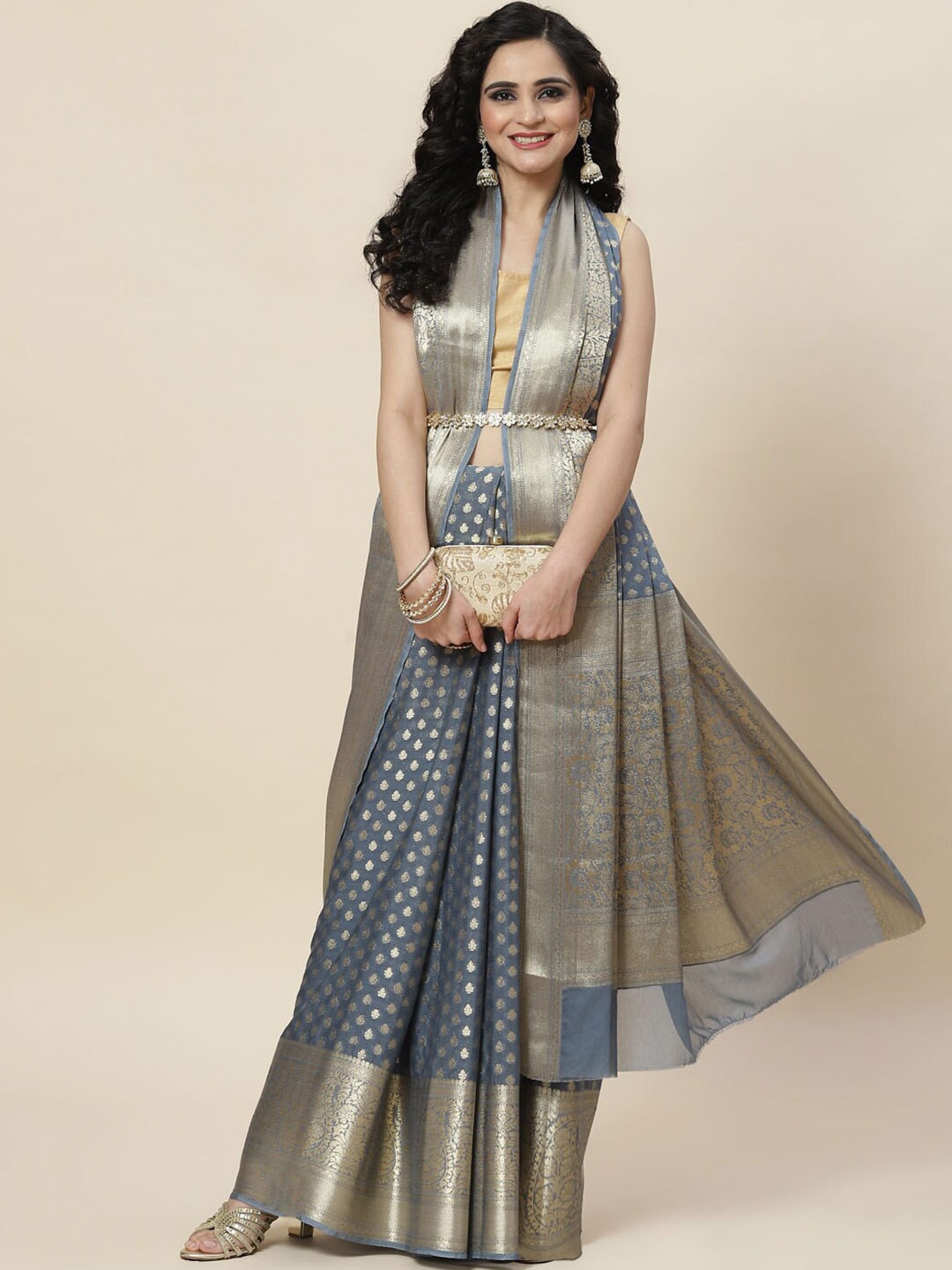 

Meena Bazaar Ethnic Motifs Zari Saree, Grey