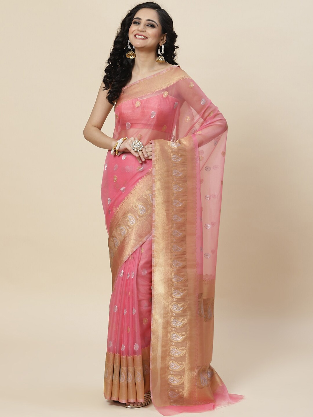 

Meena Bazaar Woven Design Zari Art Silk Saree, Pink