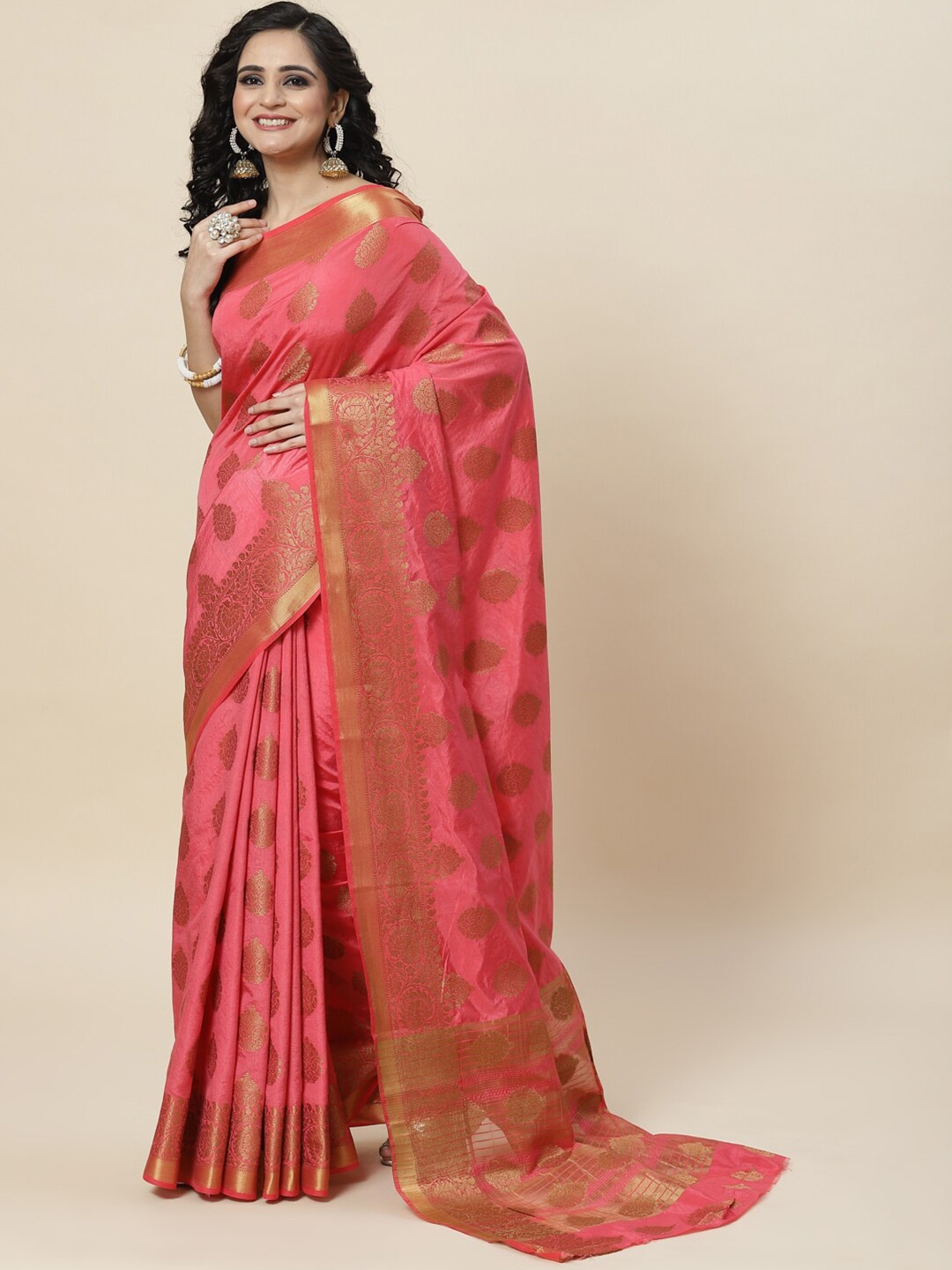 

Meena Bazaar Woven Design Zari Art Silk Saree, Pink