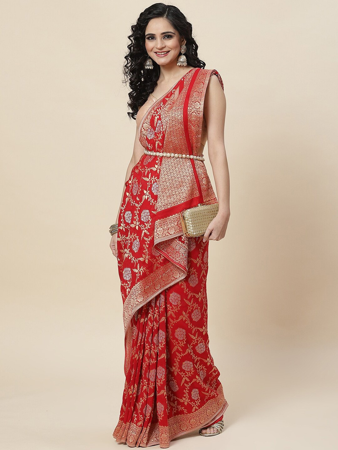 

Meena Bazaar Floral Zari Saree, Red