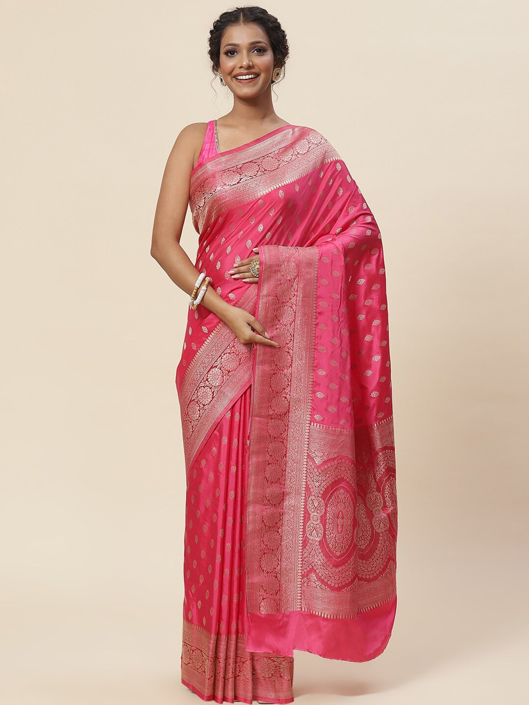 

Meena Bazaar Woven Design Zari Art Silk Saree, Pink
