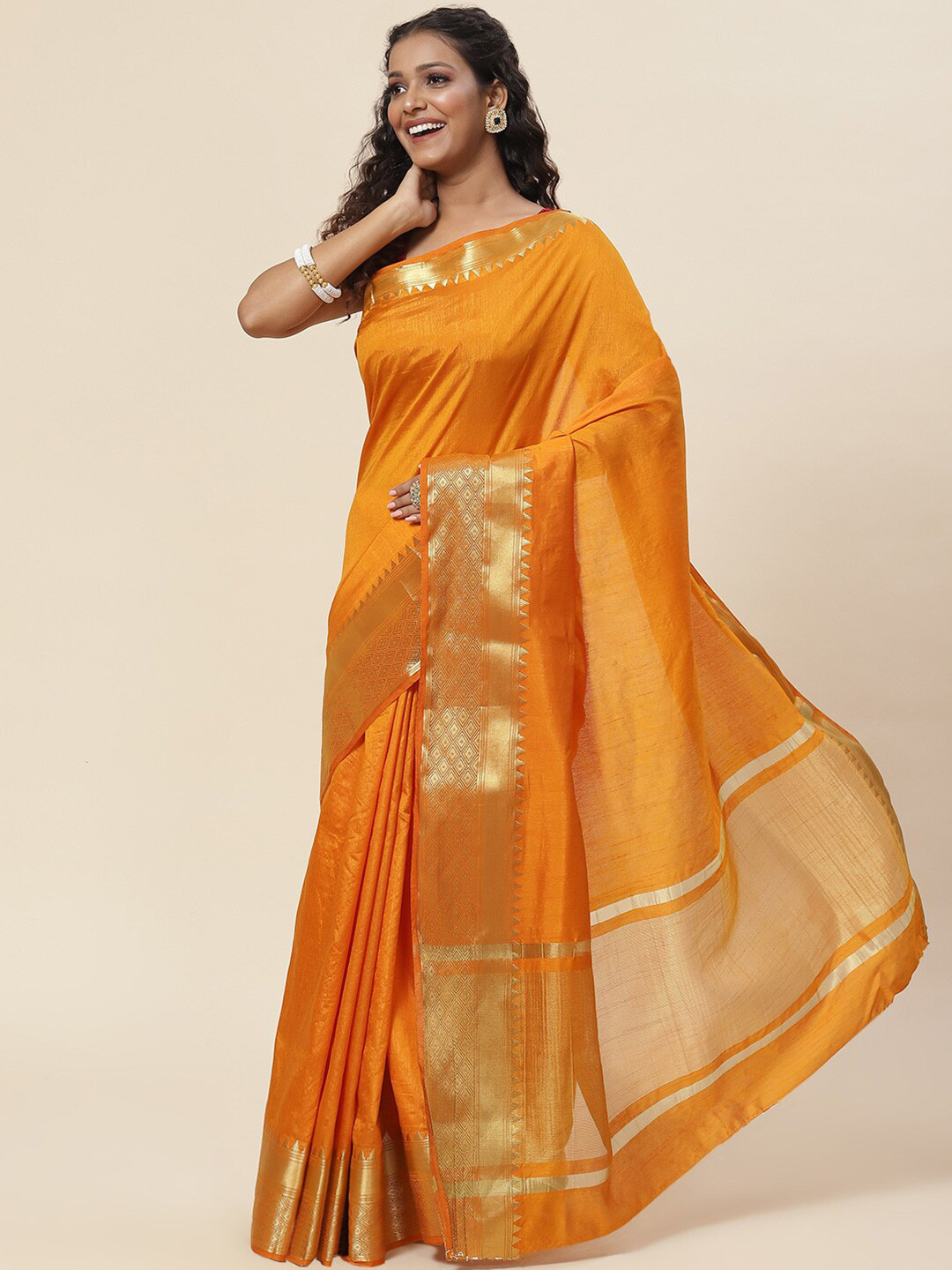

Meena Bazaar Solid Zari Art Silk Saree, Mustard
