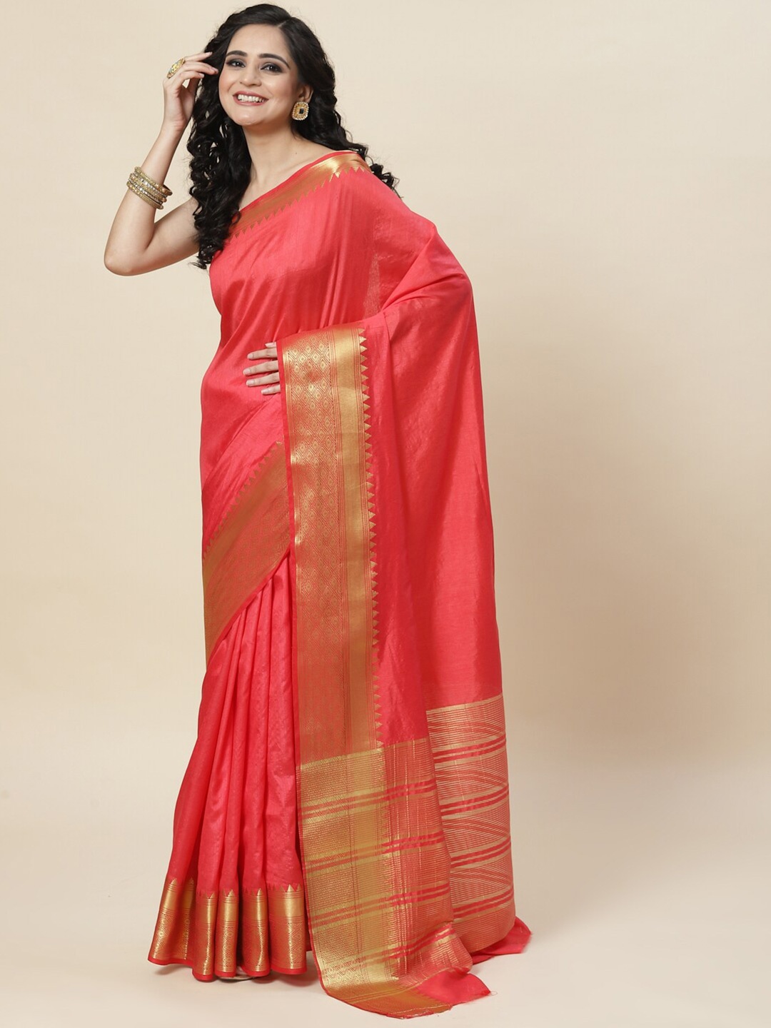 

Meena Bazaar Solid Zari Art Silk Saree, Coral