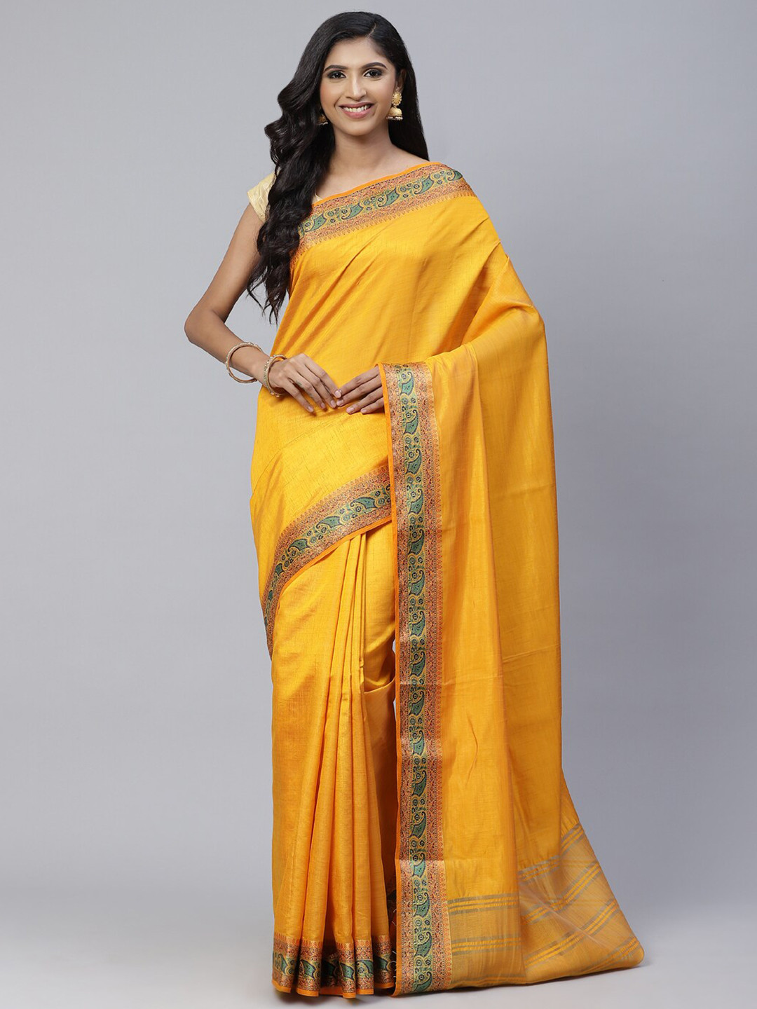 

Meena Bazaar Mustard & Green Zari Art Silk Saree