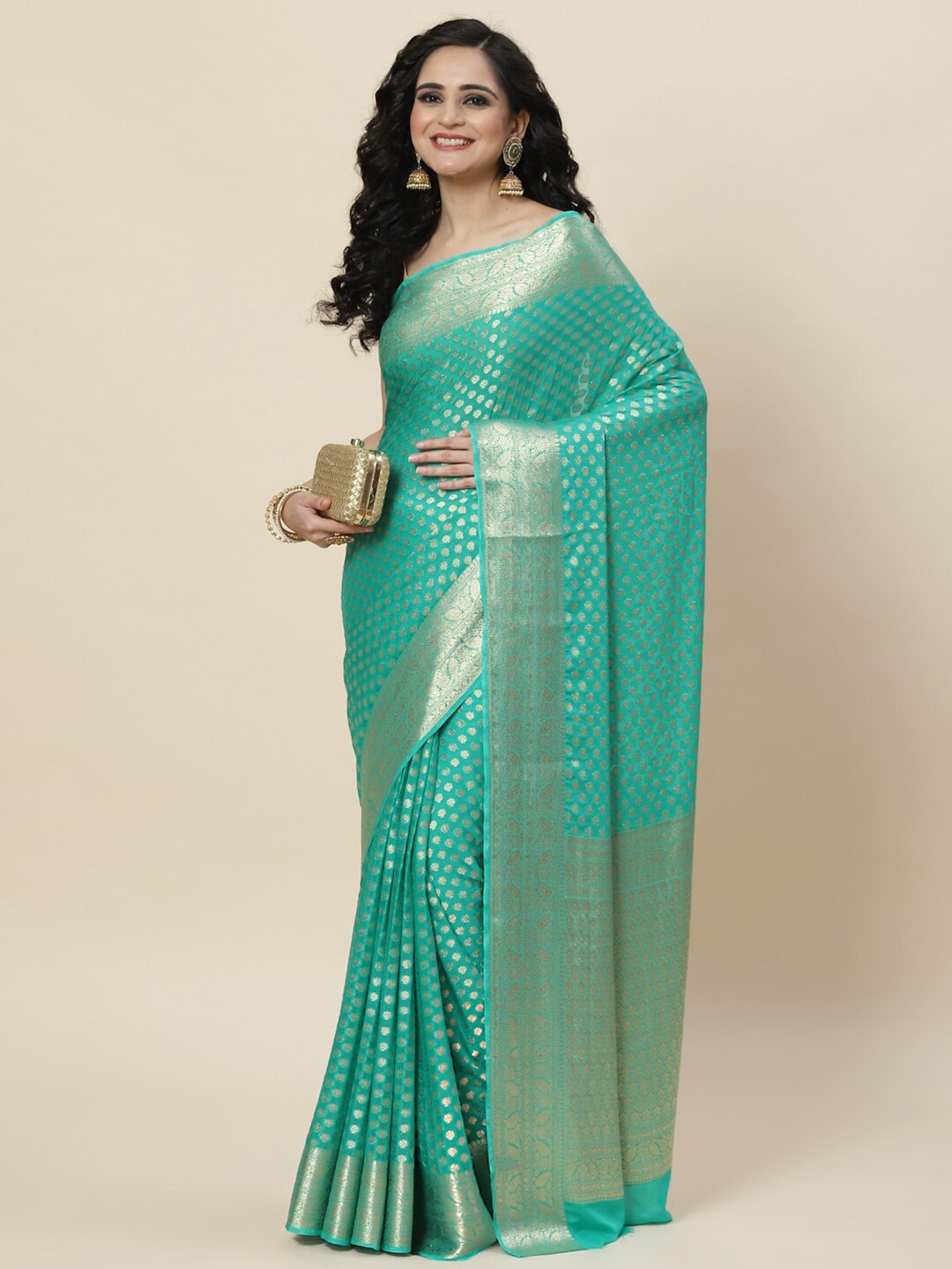 

Meena Bazaar Woven Design Zari Saree, Sea green