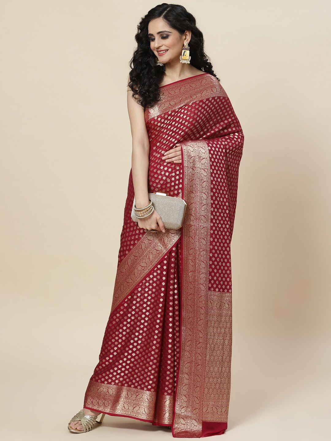 

Meena Bazaar Woven Design Zari Saree, Burgundy