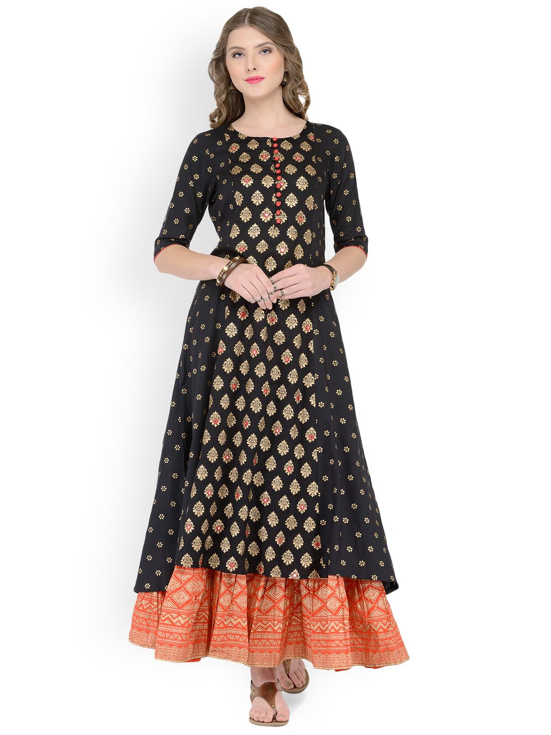 

Varanga Women Black & Red Foil Print Kurta with Skirt