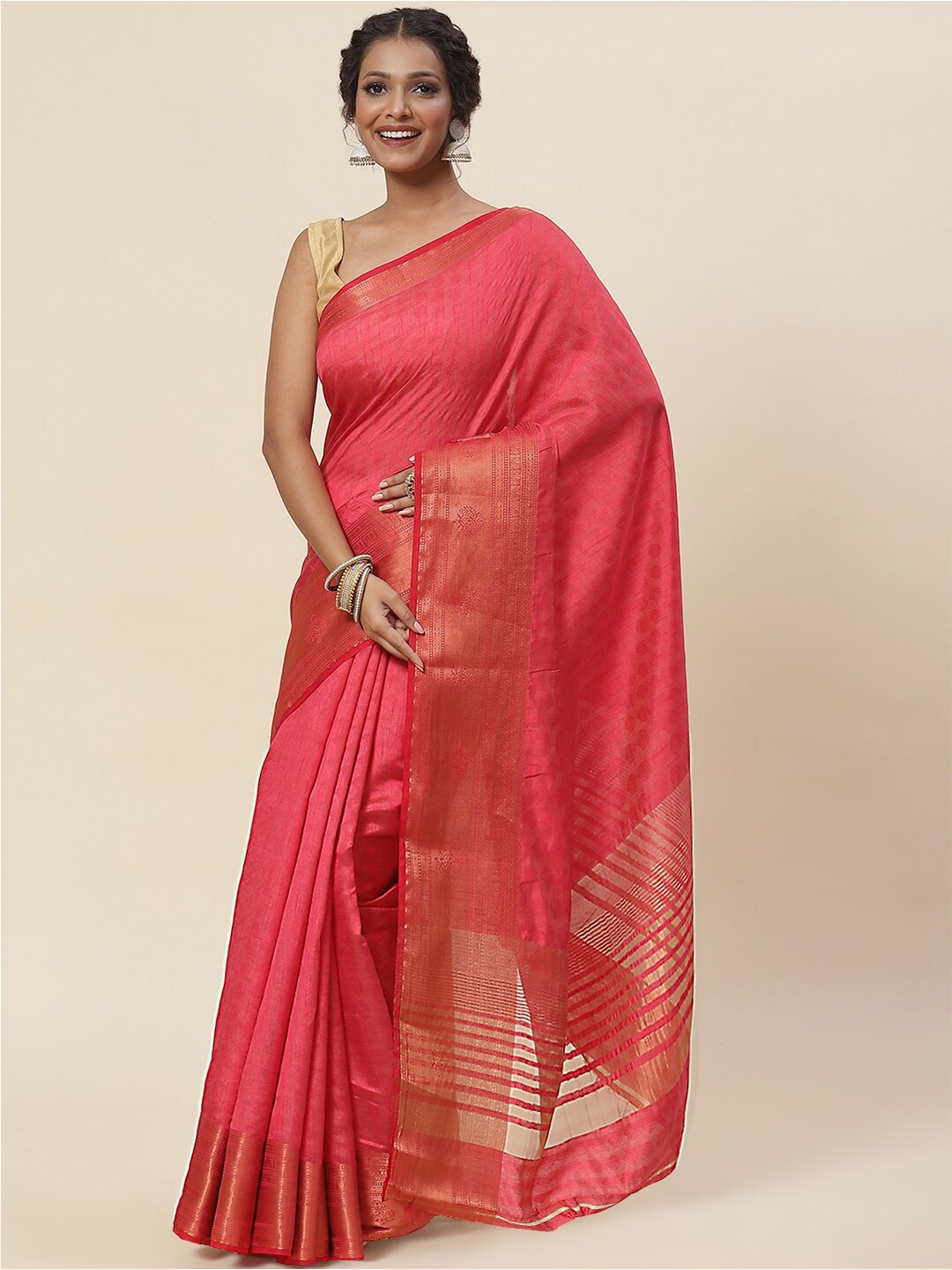 

Meena Bazaar Ethnic Motifs Zari Art Silk Saree, Pink