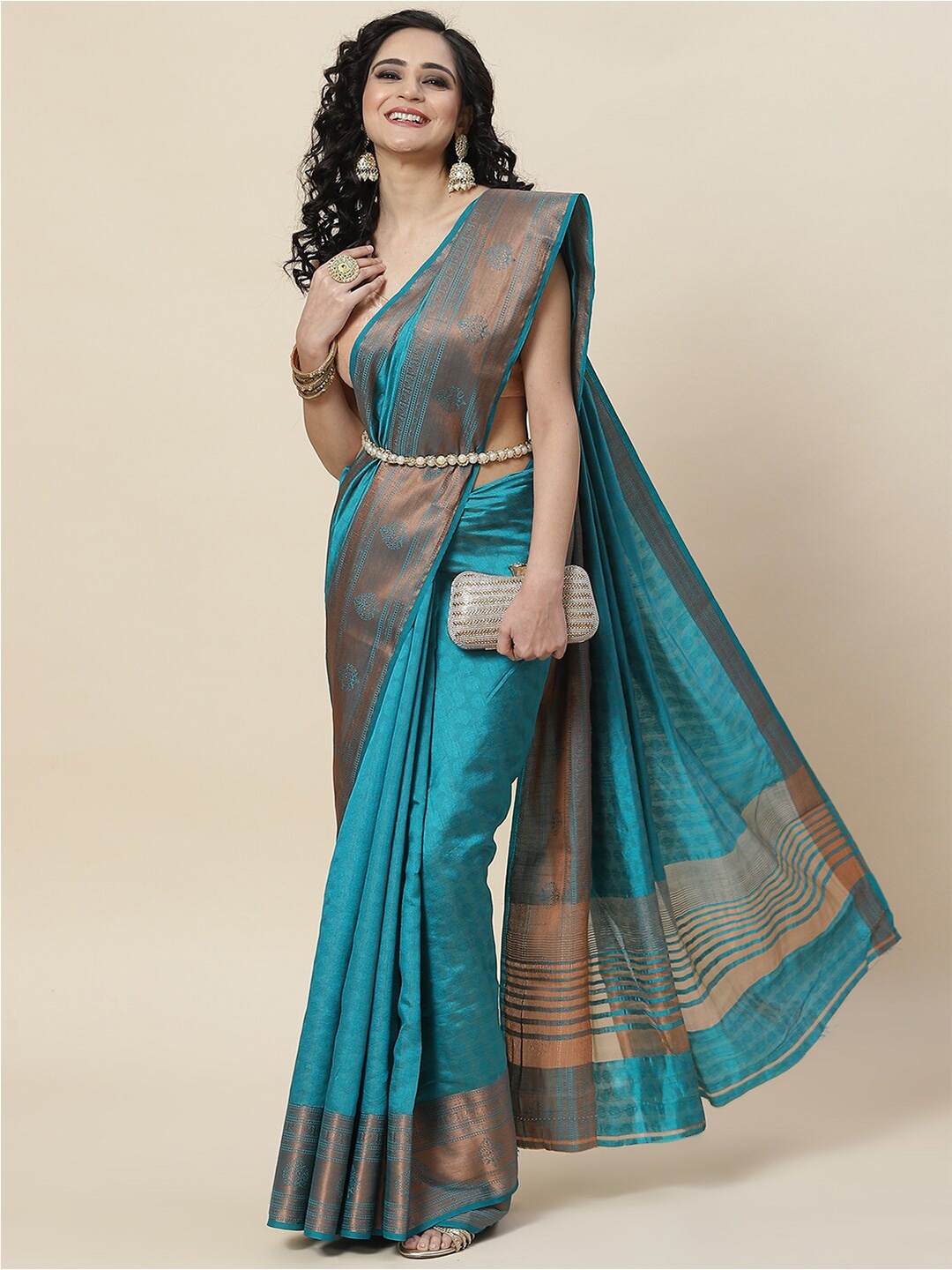 

Meena Bazaar Ethnic Motifs Zari Art Silk Saree, Blue