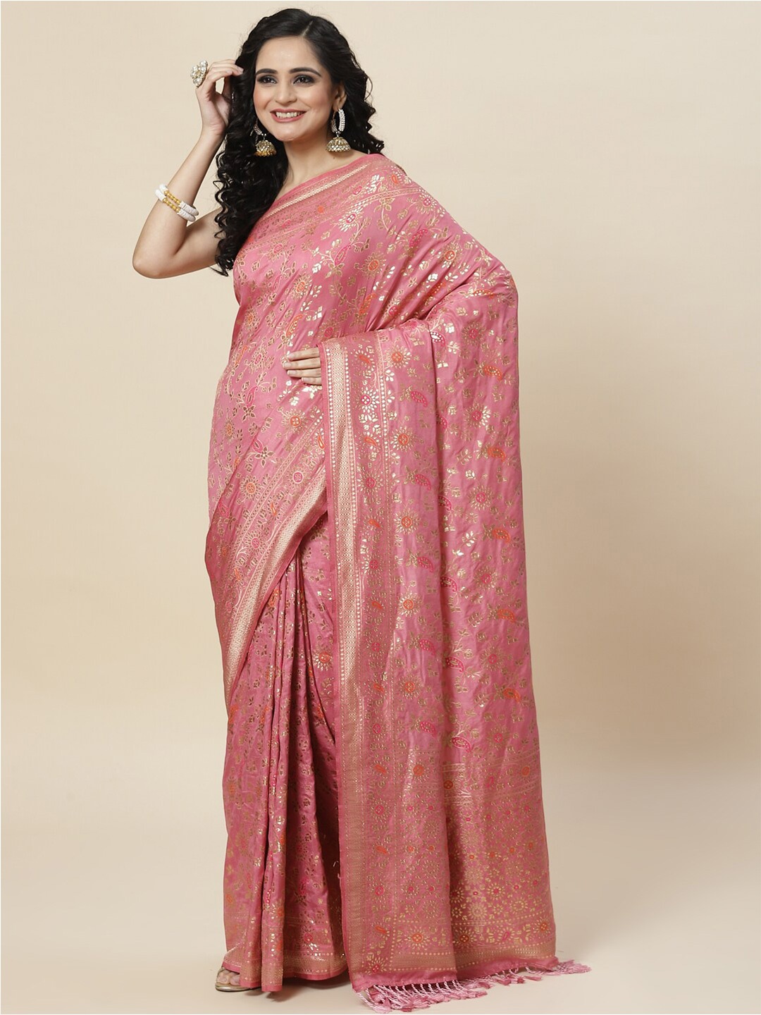 

Meena Bazaar Ethnic Motifs Zari Art Silk Banarasi Saree, Pink