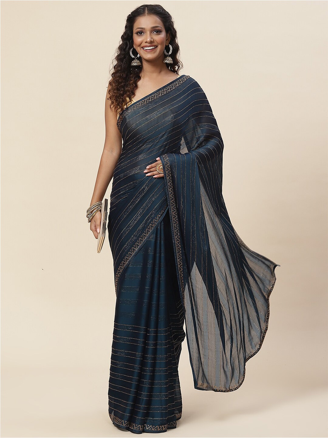 

Meena Bazaar Striped Saree, Navy blue