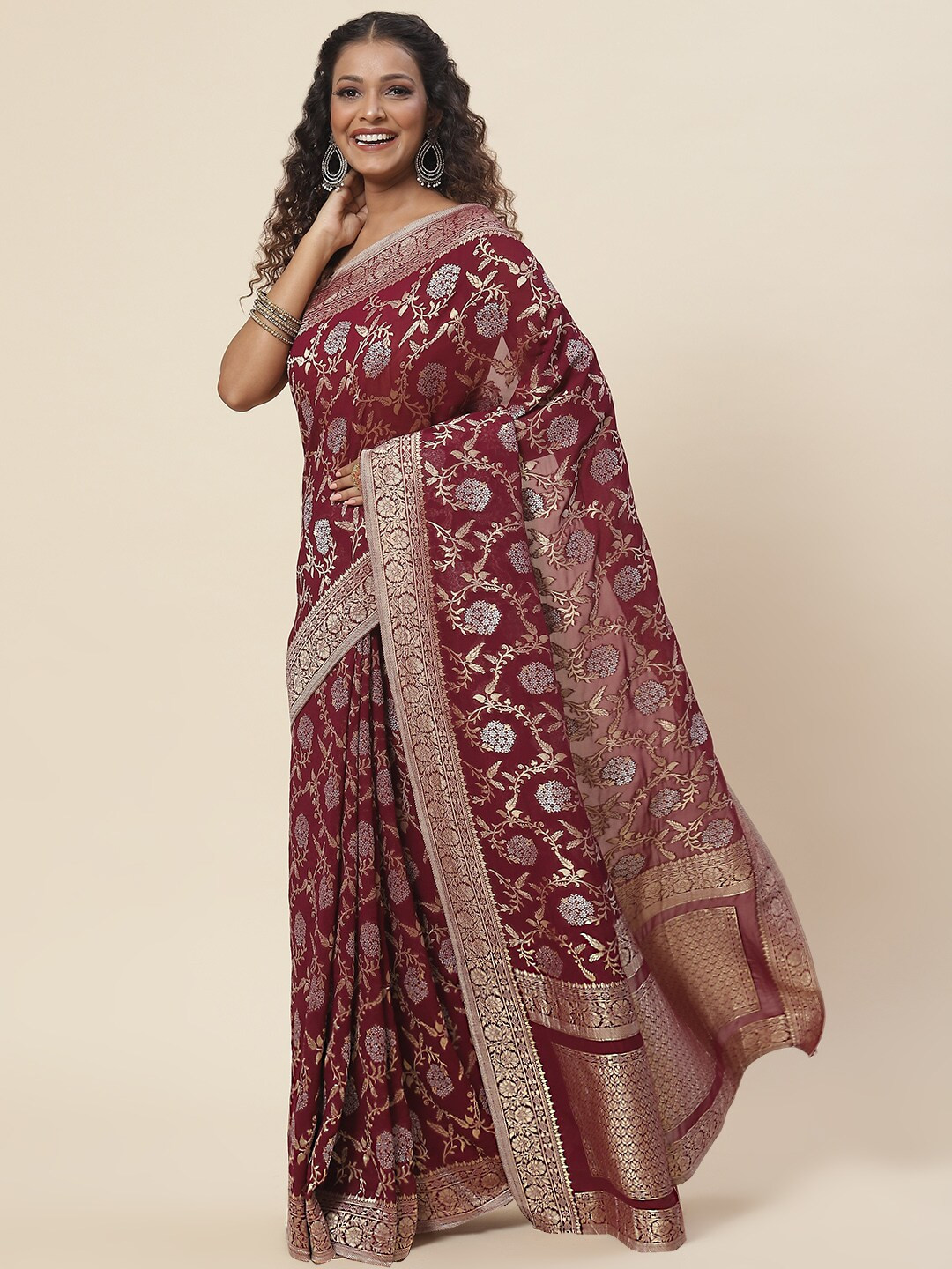 

Meena Bazaar Floral Zari Saree, Burgundy
