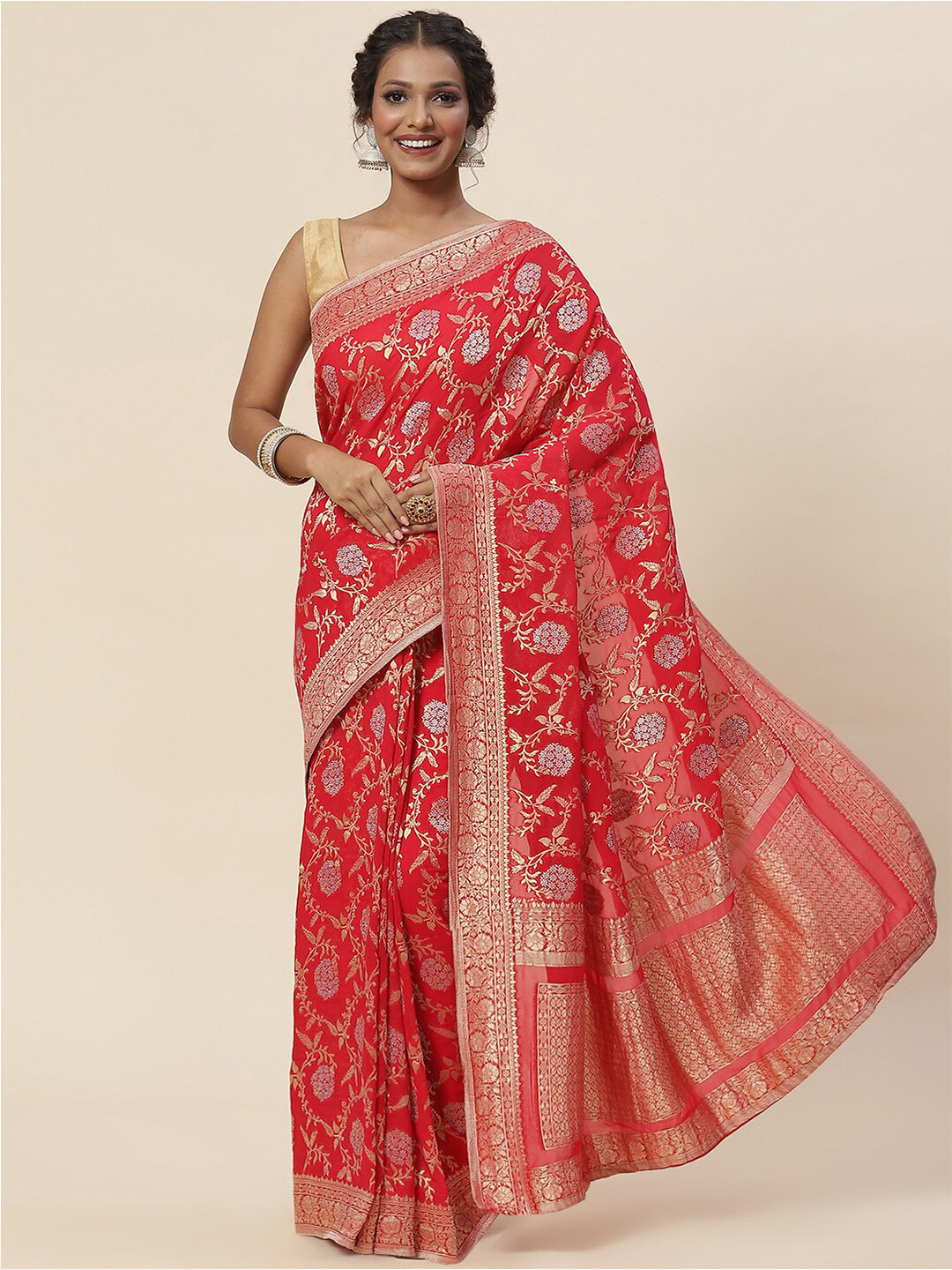 

Meena Bazaar Floral Zari Saree, Pink