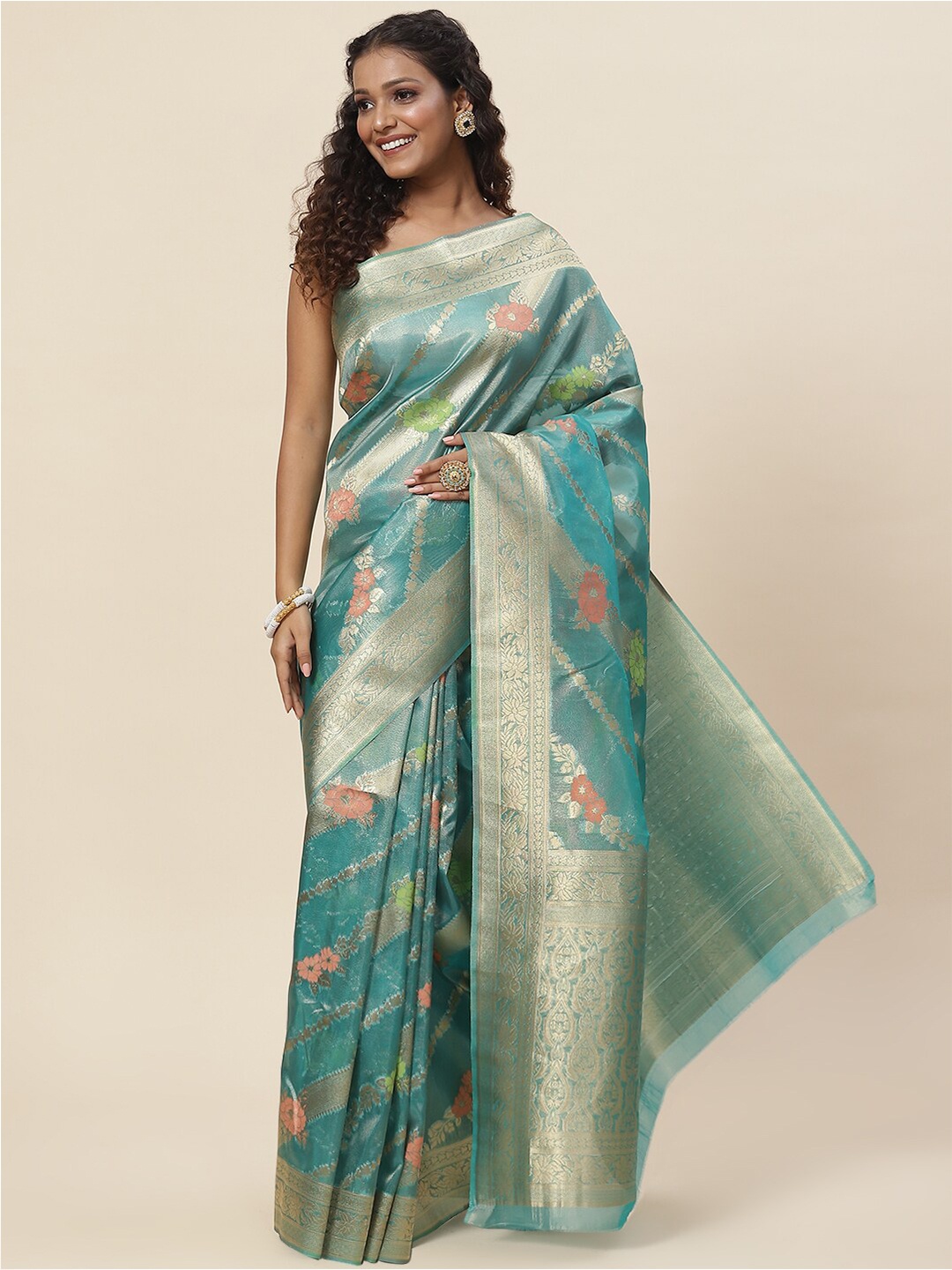 

Meena Bazaar Floral Zari Art Silk Saree, Sea green