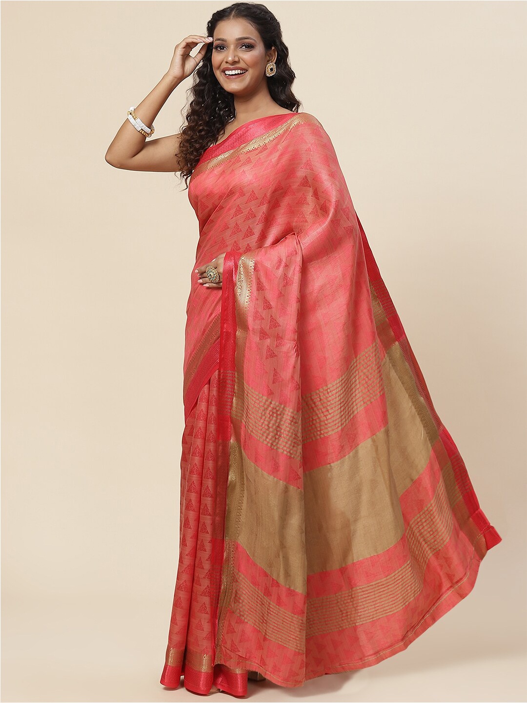 

Meena Bazaar Ethnic Motifs Zari Art Silk Saree, Coral