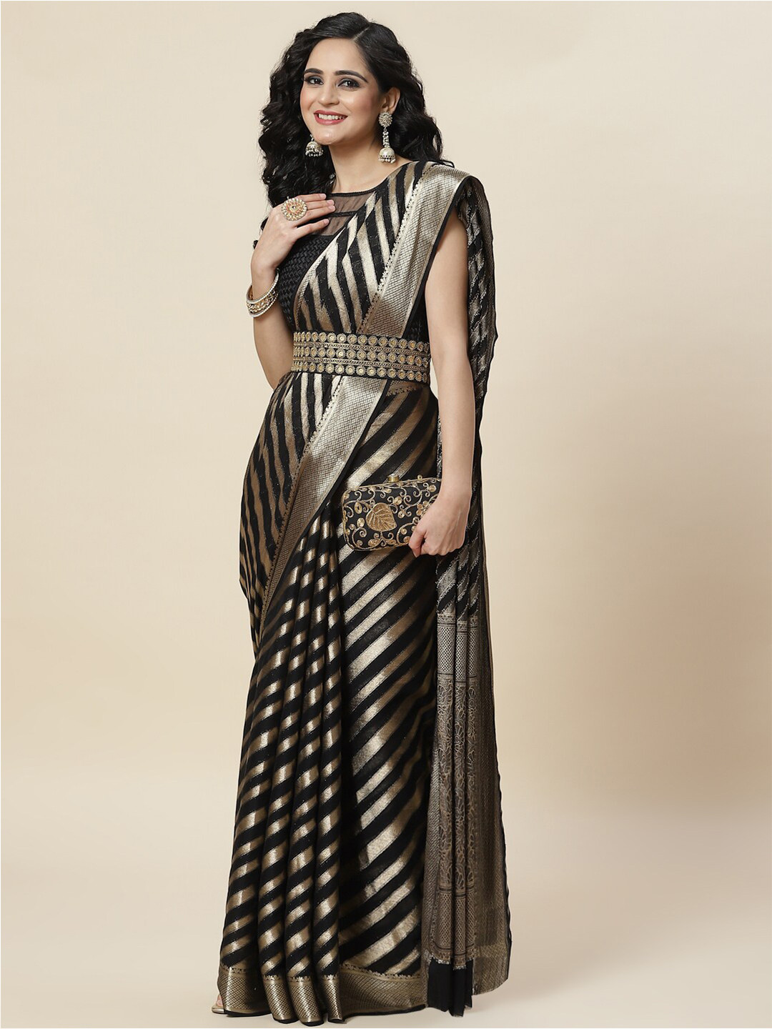 

Meena Bazaar Black & Gold-Toned Woven Design Zari Saree