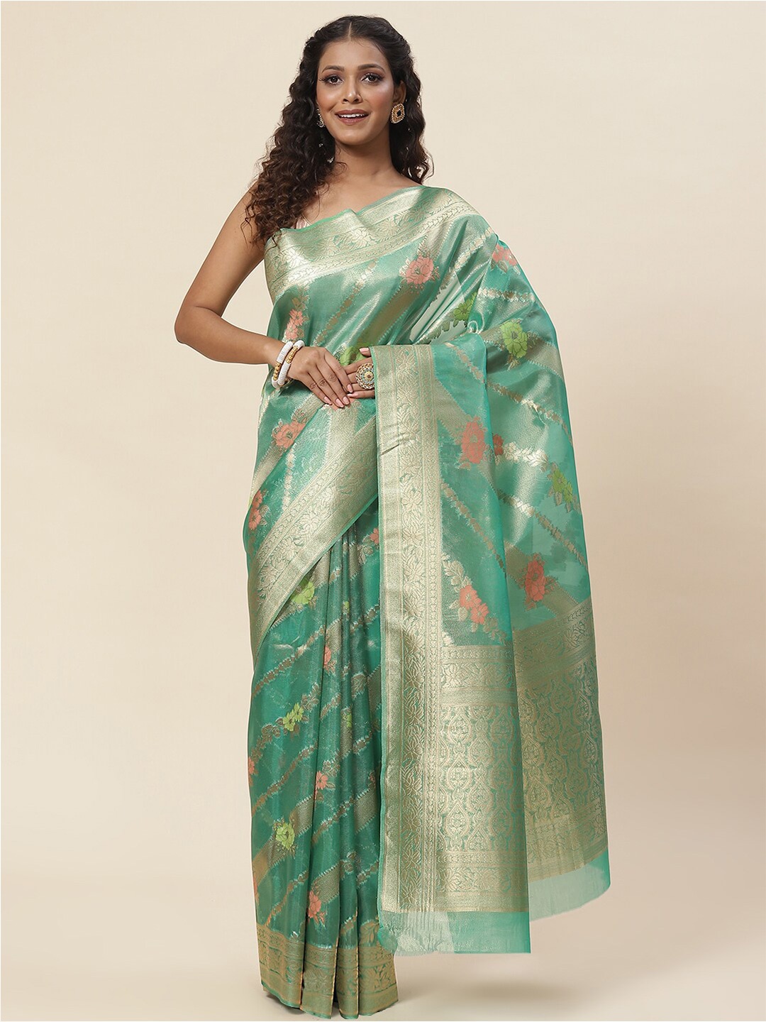 

Meena Bazaar Green & Gold-Toned Woven Design Zari Art Silk Saree