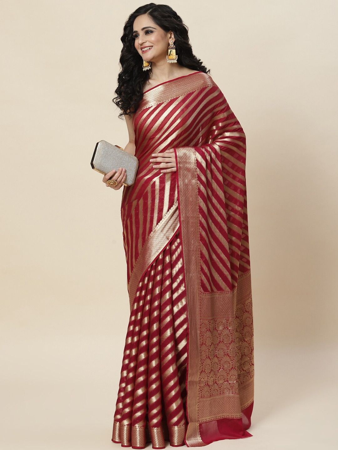 

Meena Bazaar Striped Zari Saree, Maroon