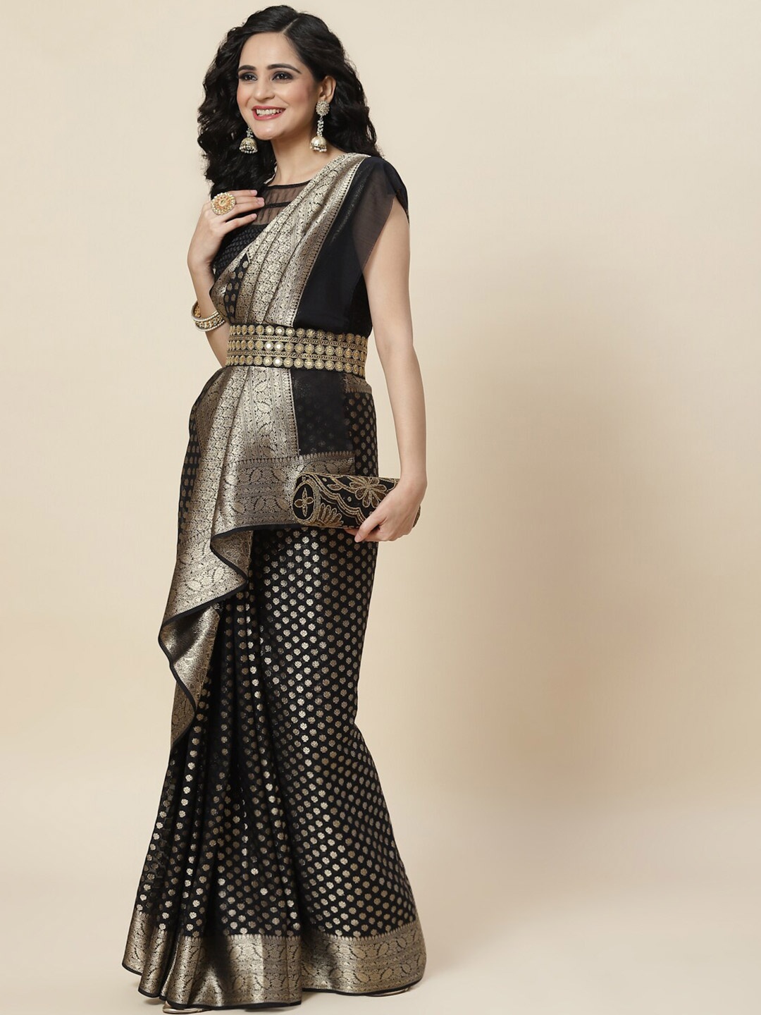 

Meena Bazaar Ethnic Motifs Zari Saree, Black