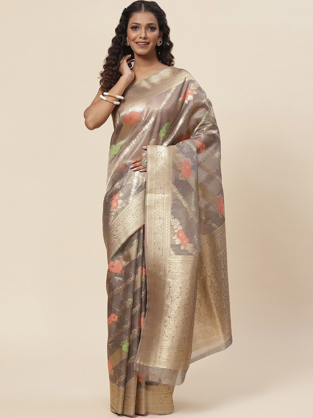 

Meena Bazaar Floral Zari Art Silk Saree, Grey