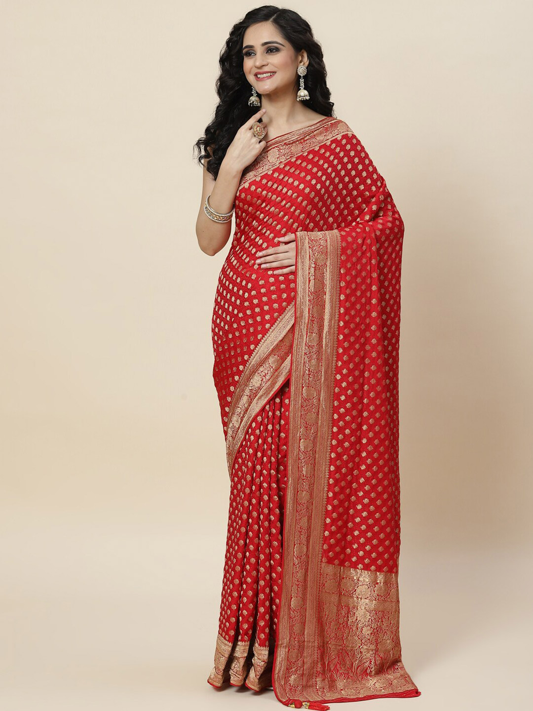 

Meena Bazaar Ethnic Motifs Zari Art Silk Banarasi Saree, Red