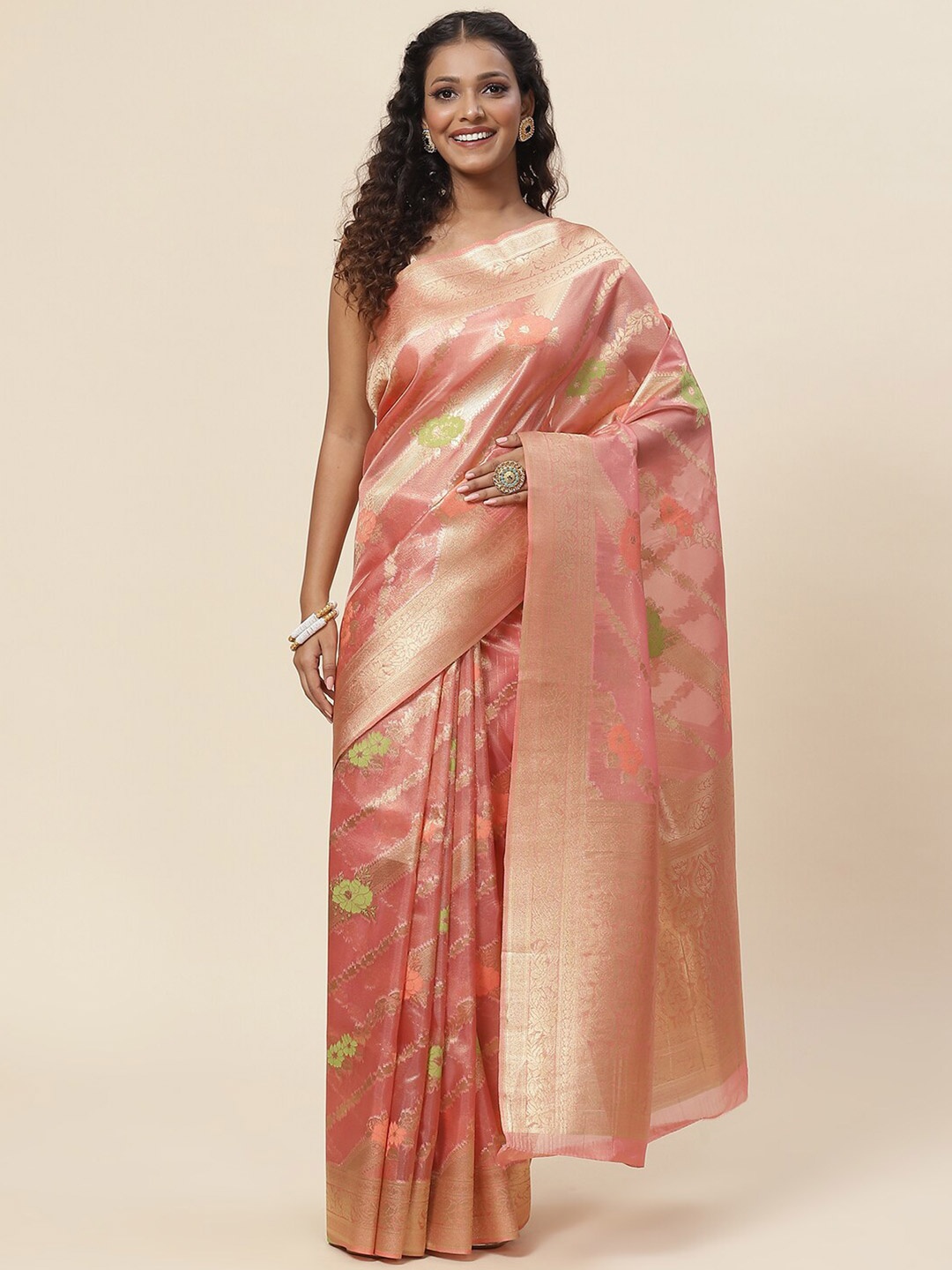 

Meena Bazaar Floral Zari Art Silk Saree, Pink