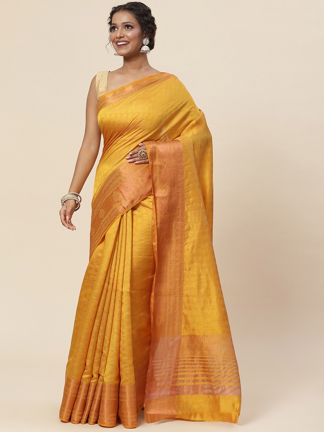 

Meena Bazaar Gold-Toned Woven Design Zari Art Silk Saree, Mustard