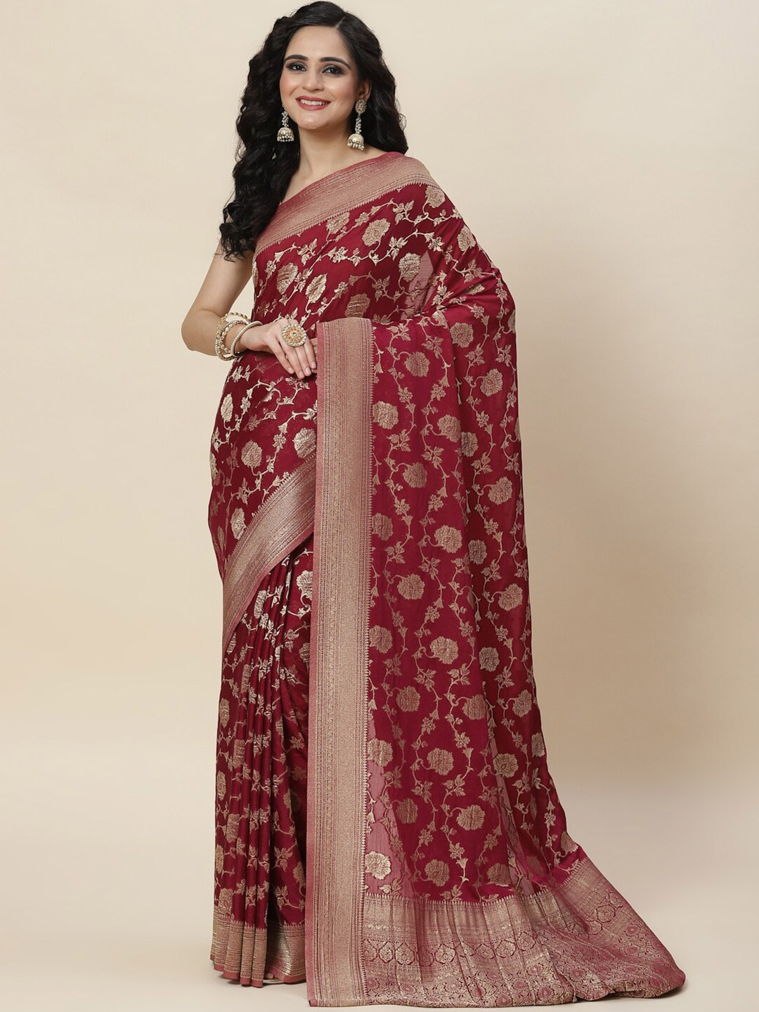 

Meena Bazaar Gold-Toned Floral Zari Saree, Burgundy