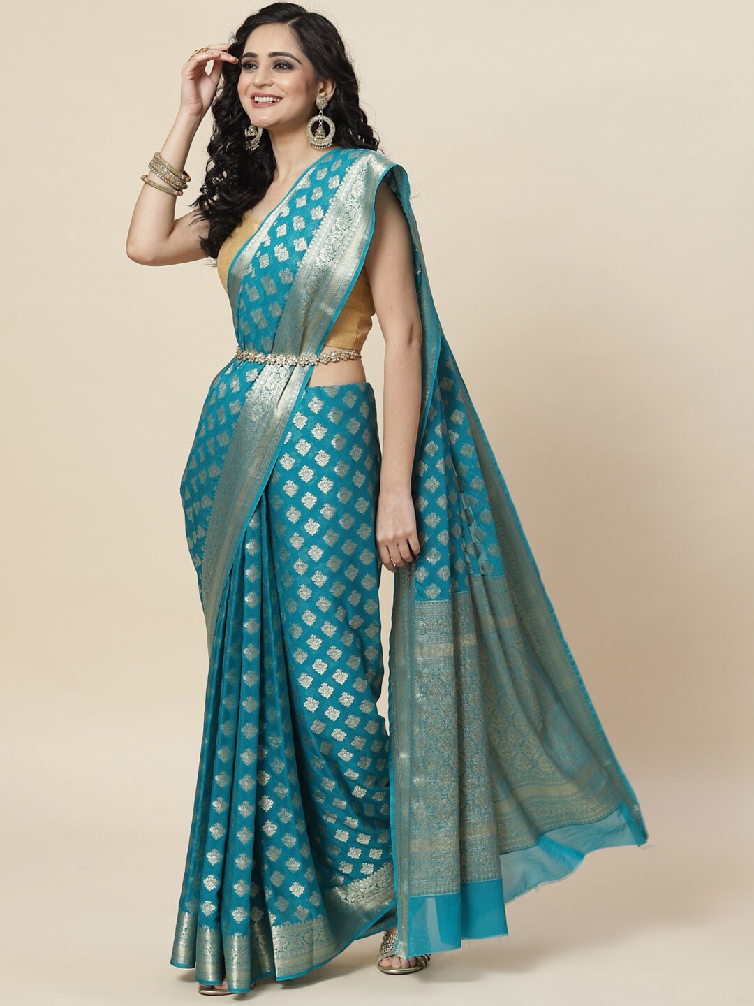 

Meena Bazaar Gold-Toned Floral Zari Saree, Blue
