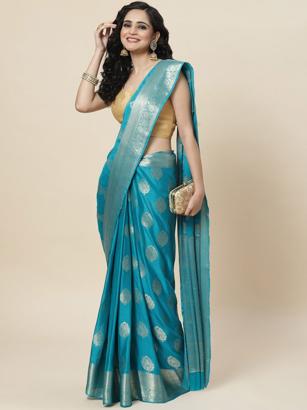 

Meena Bazaar Gold-Toned Floral Zari Saree, Blue