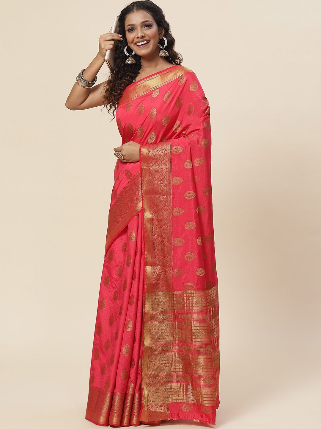

Meena Bazaar Gold-Toned Floral Zari Art Silk Saree, Pink