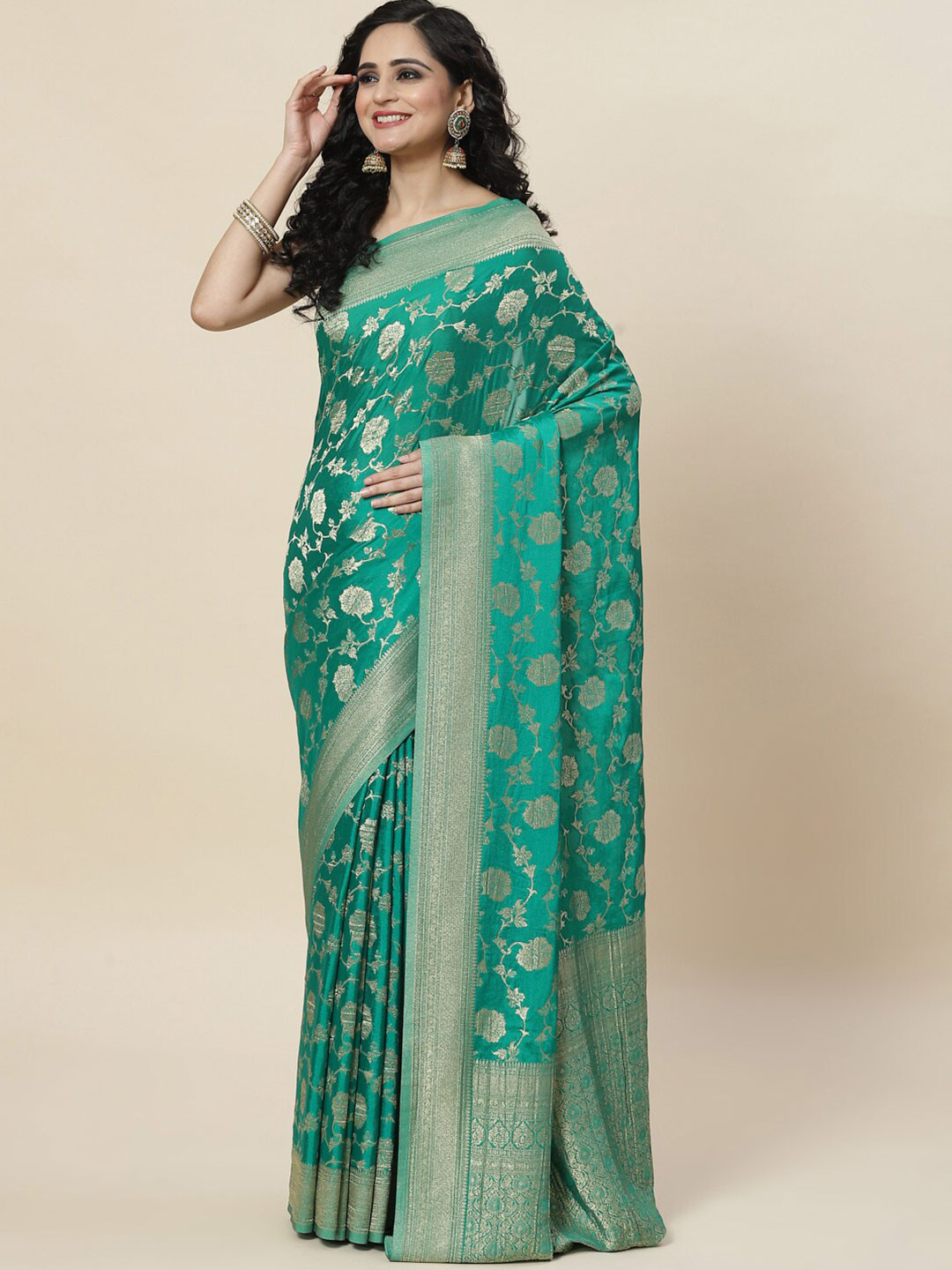 

Meena Bazaar Gold-Toned Floral Zari Saree, Green