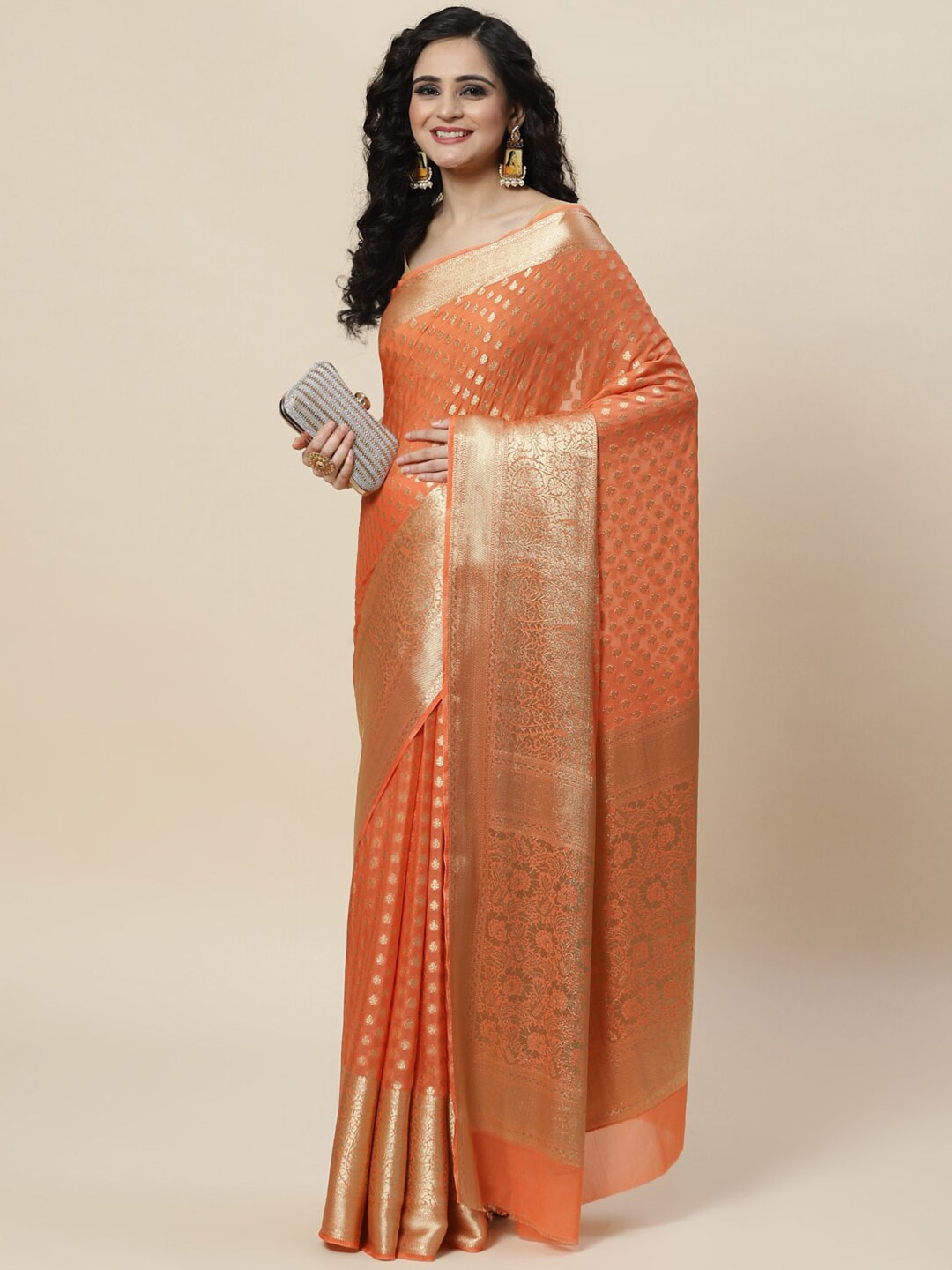 

Meena Bazaar Gold-Toned Floral Zari Saree, Peach