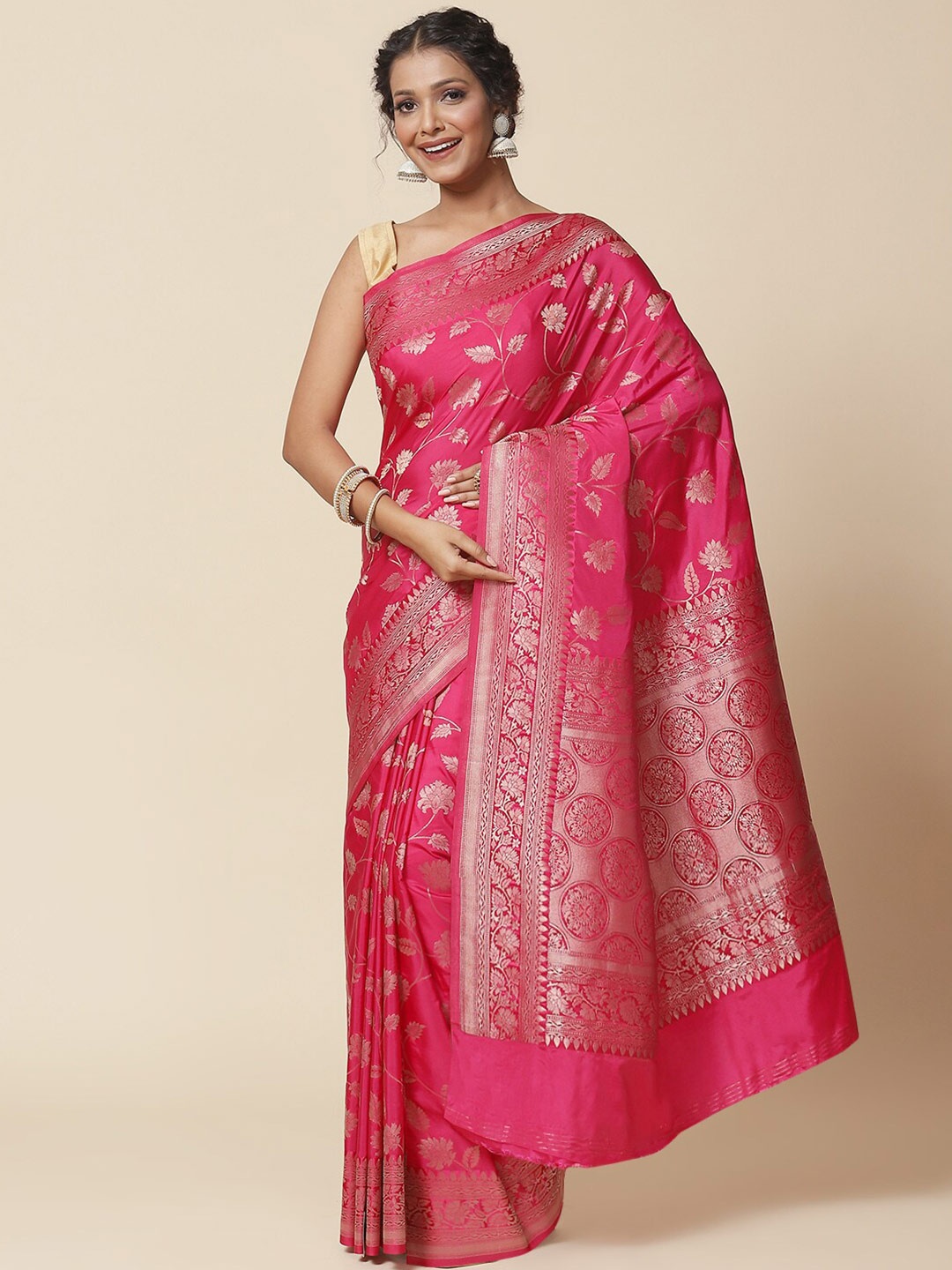 

Meena Bazaar Floral Zari Art Silk Saree, Pink