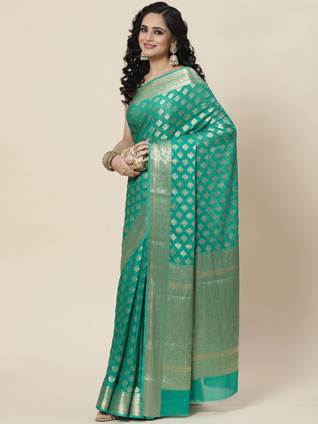 

Meena Bazaar Floral Zari Saree, Green