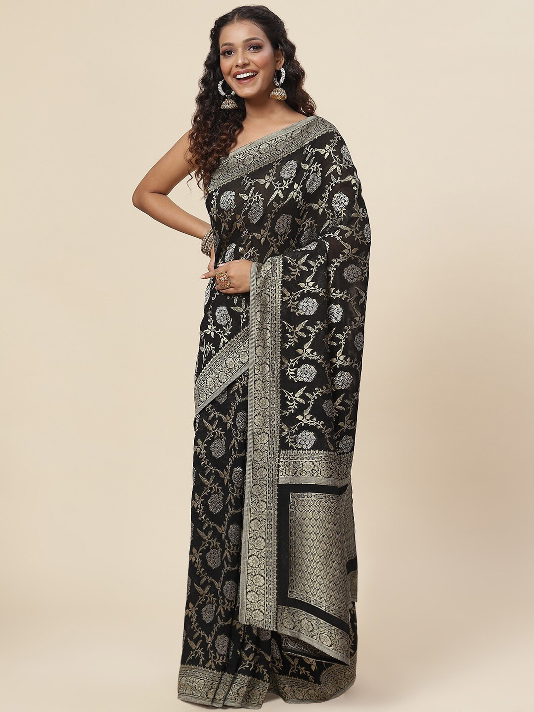 

Meena Bazaar Ethnic Motifs Zari Saree, Black