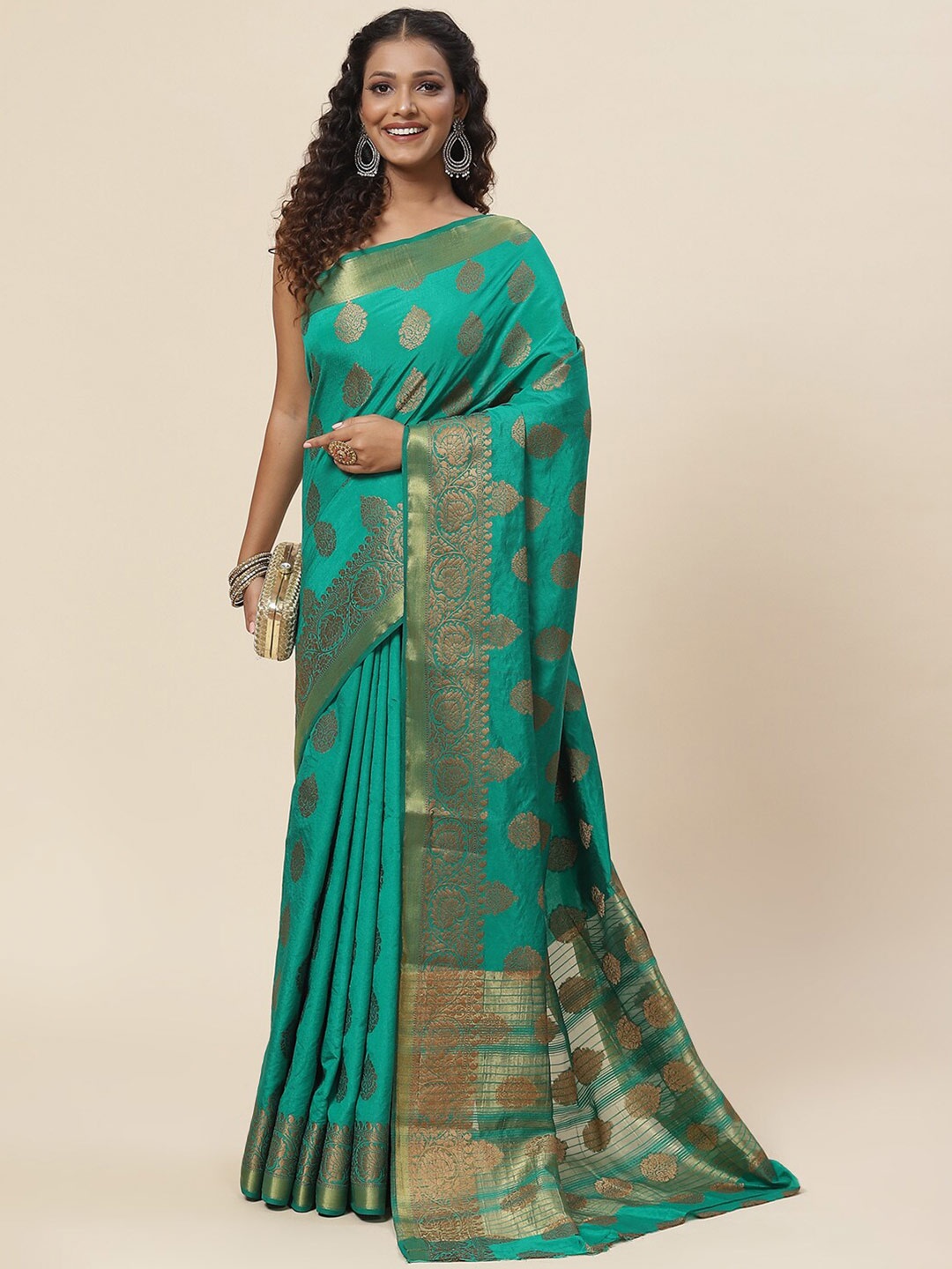 

Meena Bazaar Copper-Toned Floral Zari Art Silk Saree, Green