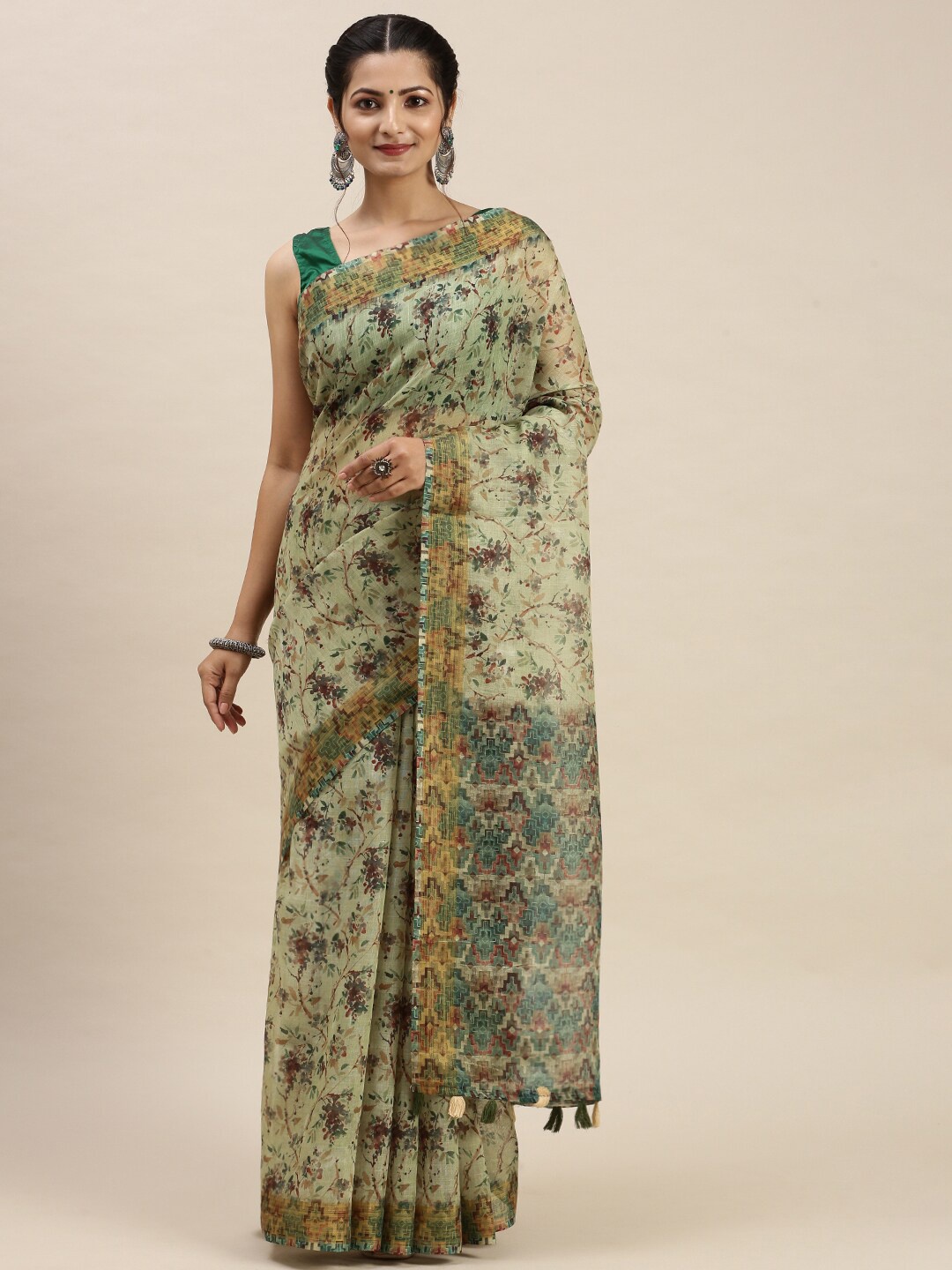 

Ramraj Green & Pink Floral Pure Linen Saree