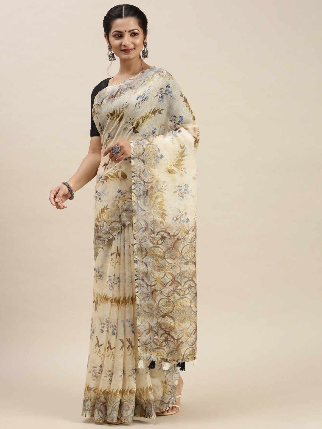 

Ramraj Beige & Pink Floral Pure Linen Saree